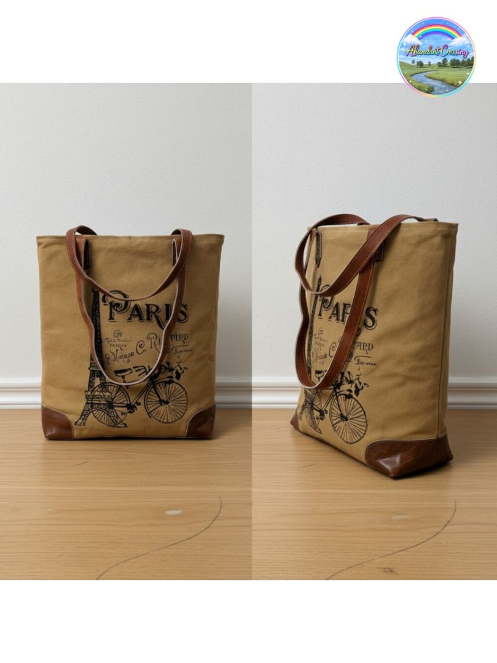 Upcycled Canvas & Cowhide Leather Handbag 16 Inch Handmade Tote